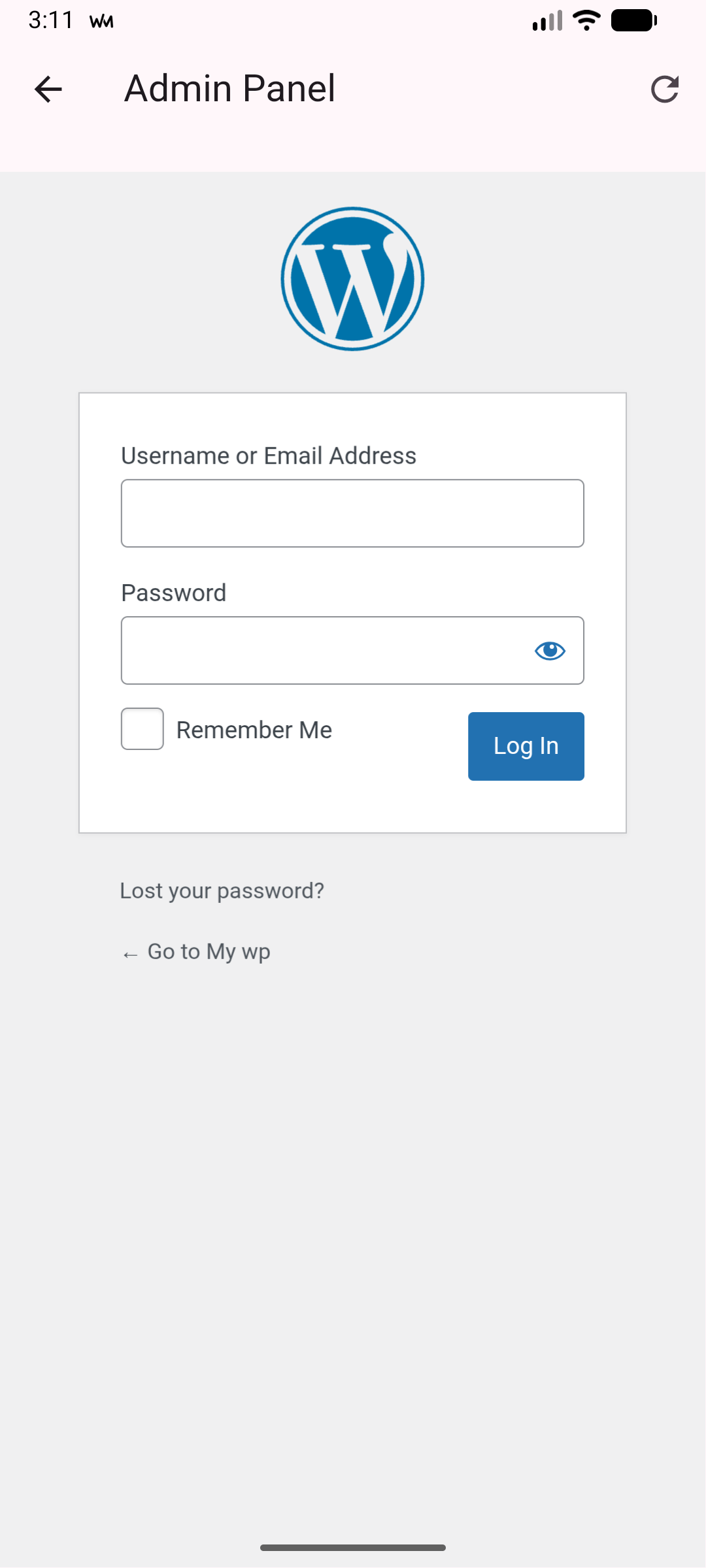 Admin WebView showing WordPress login page