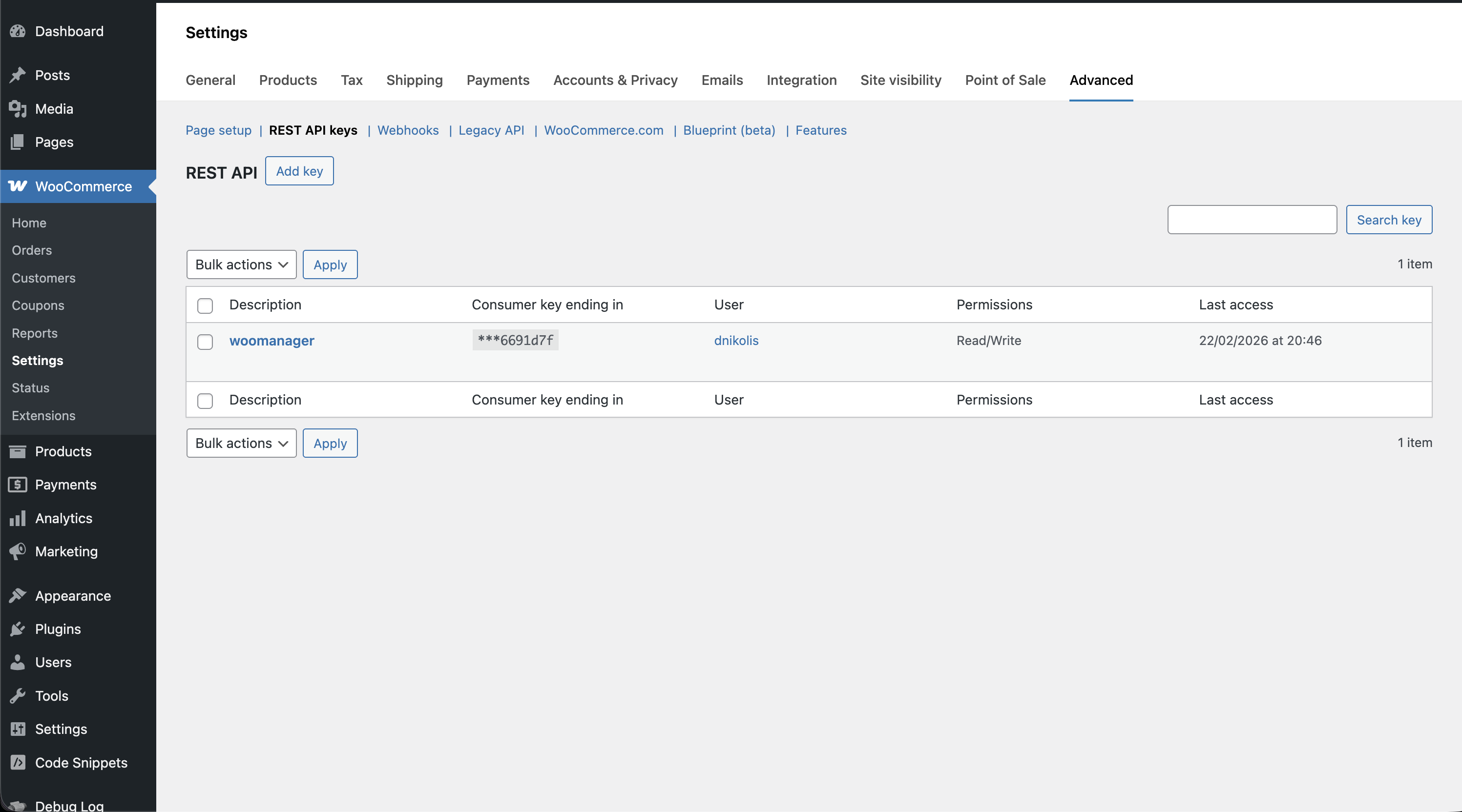 WooCommerce REST API keys page in WordPress admin