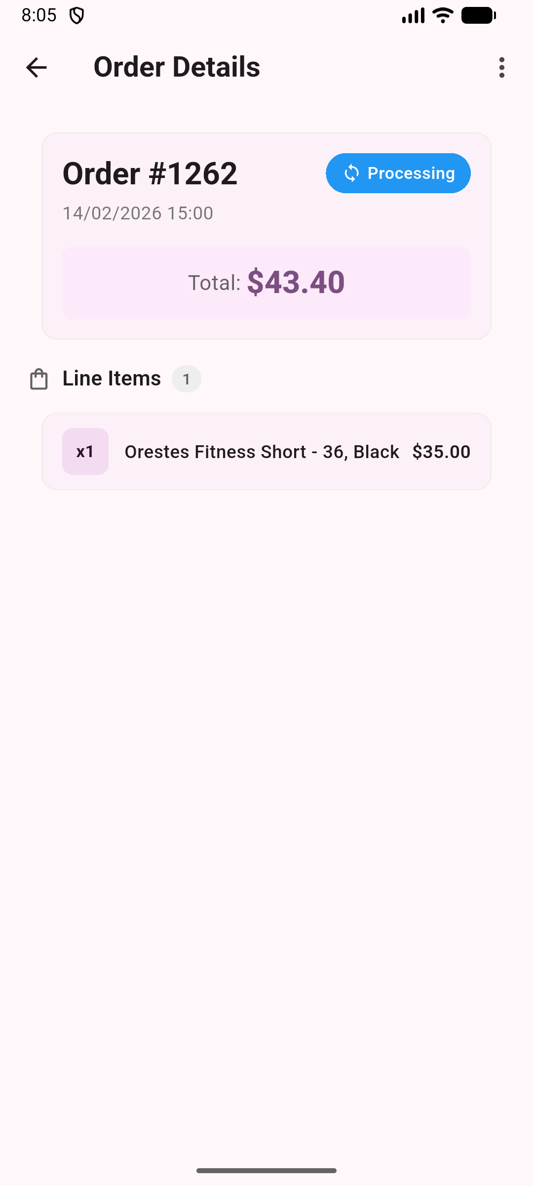 Order Details screen showing order info and line items