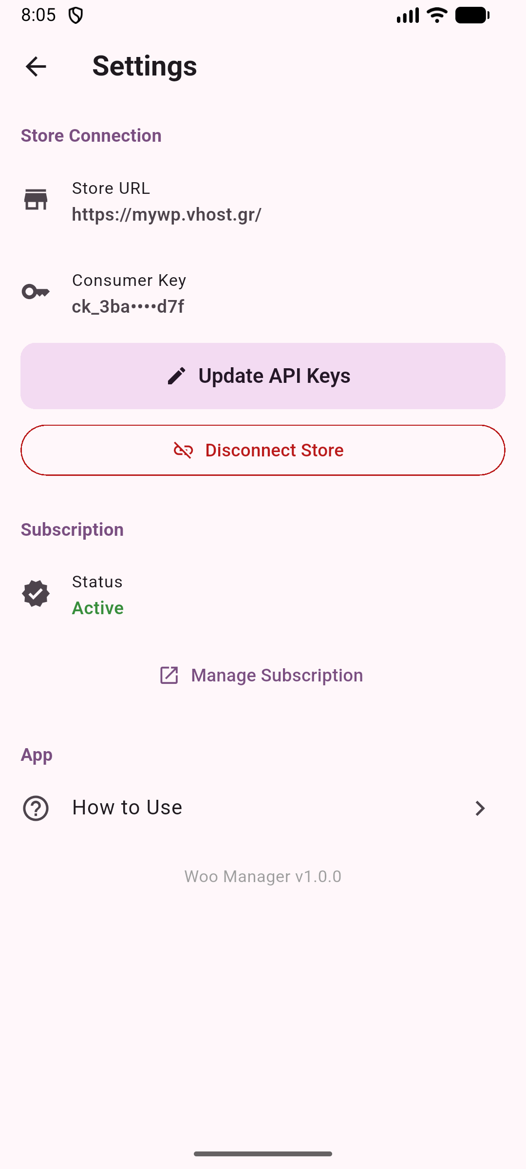 Settings screen showing store connection and subscription status