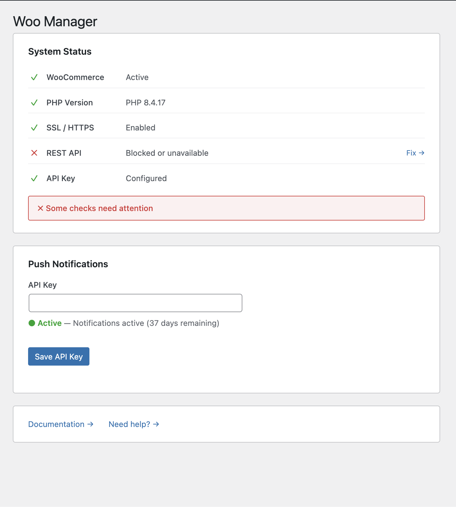 Woo Manager settings page showing System Status, Push Notifications, and Links cards